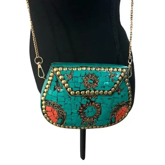 Ramla Handmade Moroccan Turquoise Tile Mosaic Clutch Crossbody with Gold Chain - Picture 8 of 9